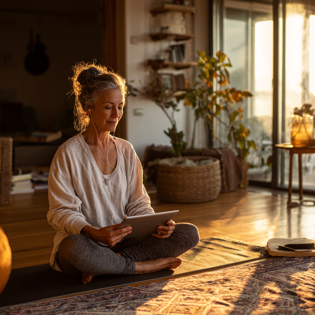 Жінка 52 років практикує йогу вдома, використовуючи планшет для онлайн-заняття, створюючи затишну домашню студію