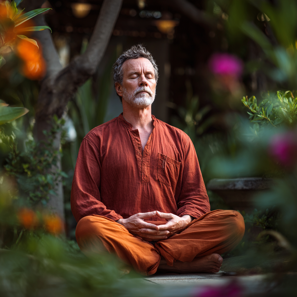 Чоловік 58 років медитує в позі лотоса на терасі серед зелені, демонструючи глибоку концентрацію та внутрішній спокій