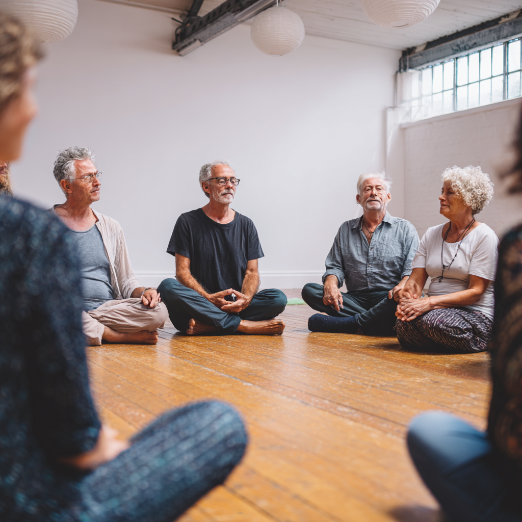 Група людей віком 50-60 років медитує разом у світлій студії, сидячи в колі та створюючи атмосферу спільної практики